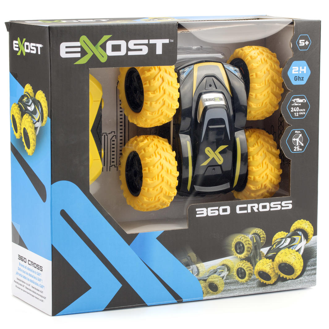 Silverlit Exost 360 Cross II R/C car in vibrant colors, designed for flips and all-terrain fun with robust tires and speedy performance.