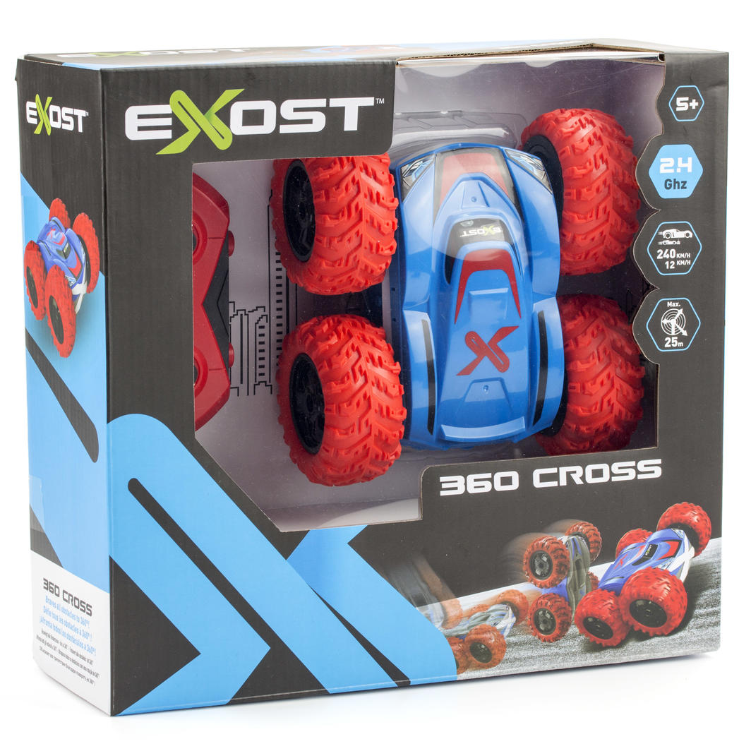 High-speed Silverlit Exost 360 Cross II R/C car with double-sided design for 360° flips, rugged tires for all-terrain fun.