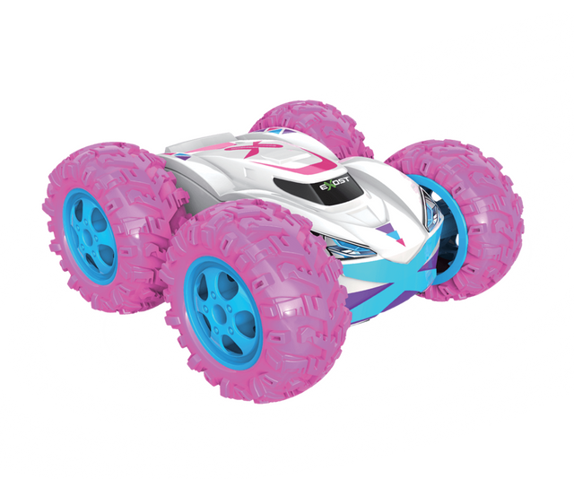 Vibrant pink remote control car with a double-sided body for stunts, featuring robust tires and advanced steering controls.