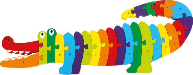 Colorful crocodile-shaped ABC puzzle with 26 pieces, teaching letters and enhancing fine motor skills for preschoolers.