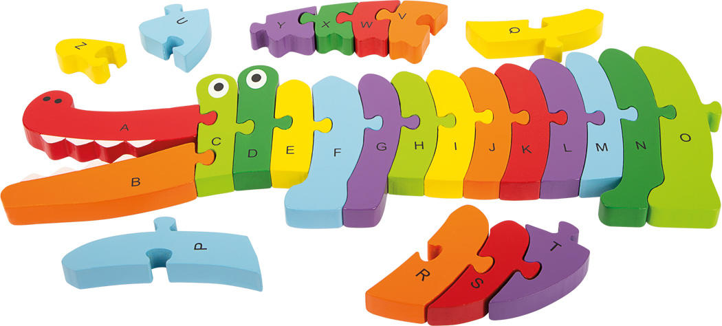 Colorful crocodile-shaped ABC puzzle with 26 pieces, perfect for teaching the alphabet to preschool children.