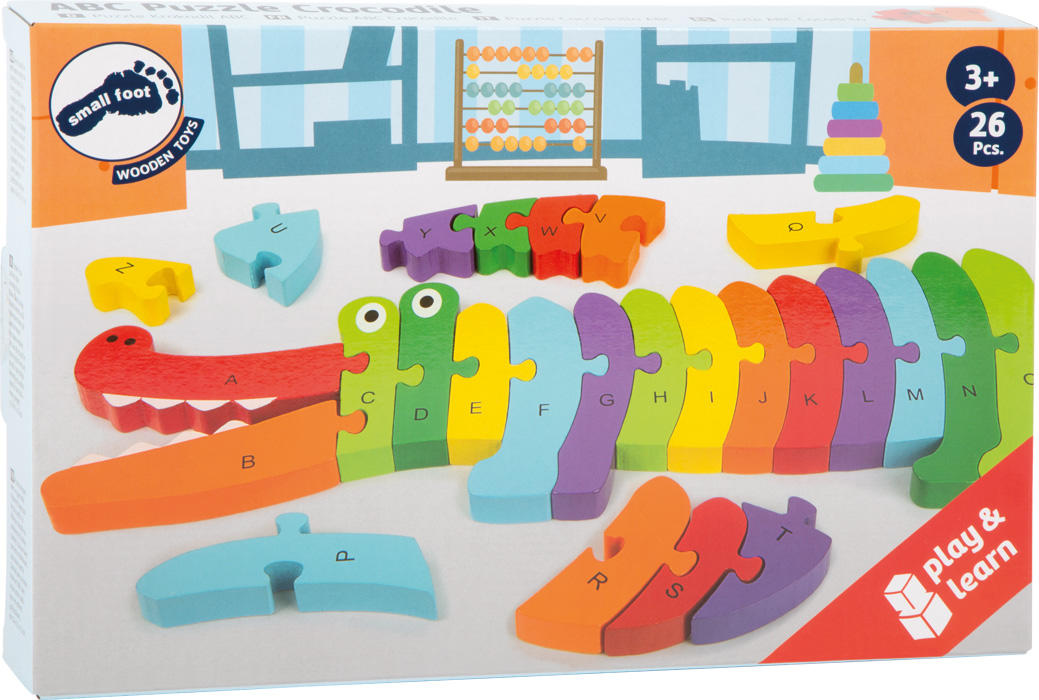 Colorful crocodile-shaped ABC puzzle featuring 26 pieces to teach young kids the alphabet while enhancing fine motor skills.