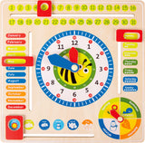 Vibrant educational board for preschoolers, teaching time, seasons, and weather concepts in English through interactive play.