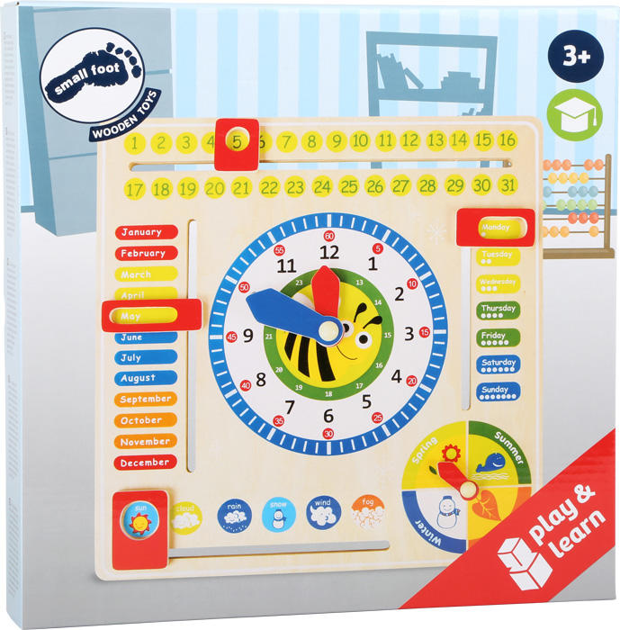 Vibrant educational board for preschoolers teaching time, seasons, and weather concepts in English through interactive play.