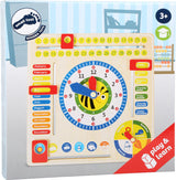 Vibrant educational board for preschoolers teaching time, seasons, and weather concepts in English through interactive play.