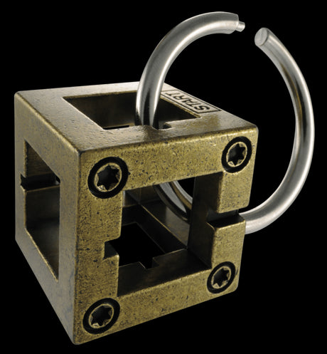 Intricate Huzzle Puzzle: Box (Lv2) featuring a tangled ring in a cubic frame, designed for brainteasers and problem-solving fun.