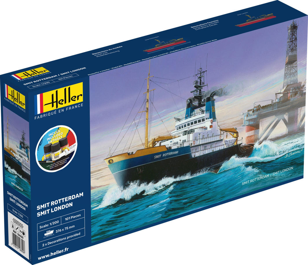 Model kit of the powerful SMIT ROTTERDAM tugboat, showcasing detailed assembly for maritime enthusiasts and collectors.