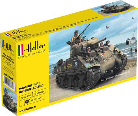 1:72 scale model of Heller's M4A2 Sherman 'Division Leclerc', showcasing intricate details of this iconic WWII tank.