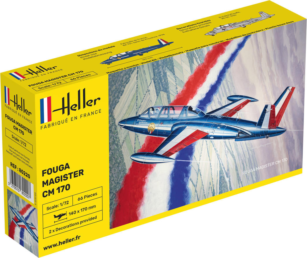 Detailed 1:72 scale model of the Heller Fouga Magister CM 170, showcasing France's innovative jet training aircraft.