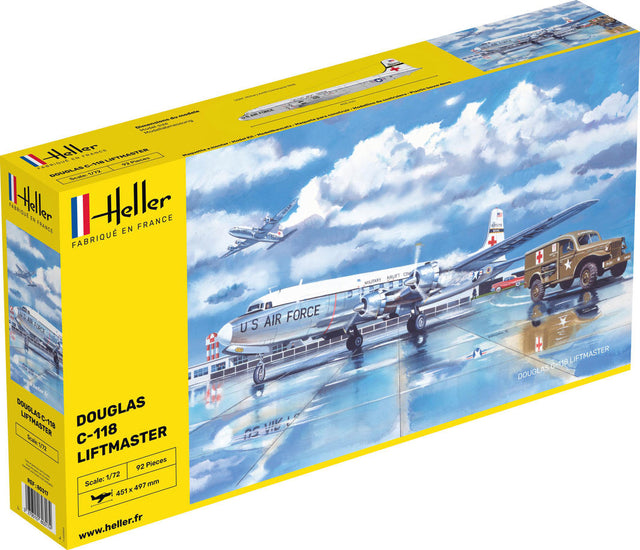 Detailed scale model of the Heller 1:72 C-118 Liftmaster, showcasing its design and historical significance in aviation.