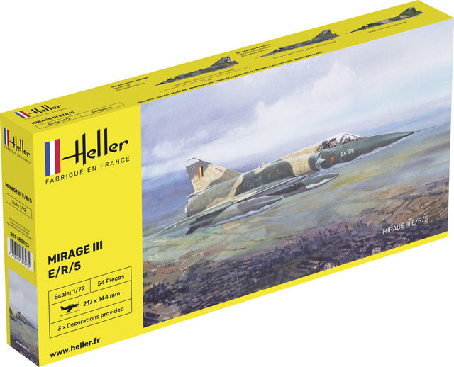 Detailed 1:72 scale model kit of the Mirage III E, featuring authentic decals and intricate design for aviation enthusiasts.