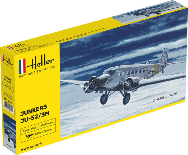 Detailed 1:72 scale model kit of the iconic WWII Junkers JU-52/3M aircraft, showcasing its tri-motor design and historical significance.