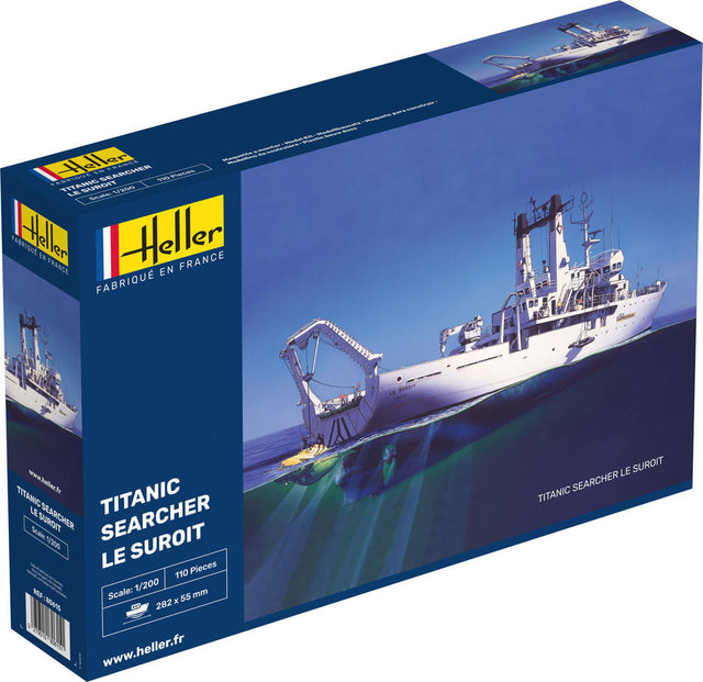 Detailed 1:200 scale model of the Titanic search ship 'Le Suroit' featuring advanced sonar detector, perfect for collectors.