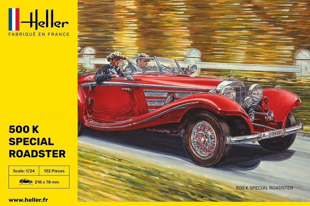 Heller 1:24 500 K Special Roadster model kit featuring steerable front axle and convertible top for collectors and enthusiasts.