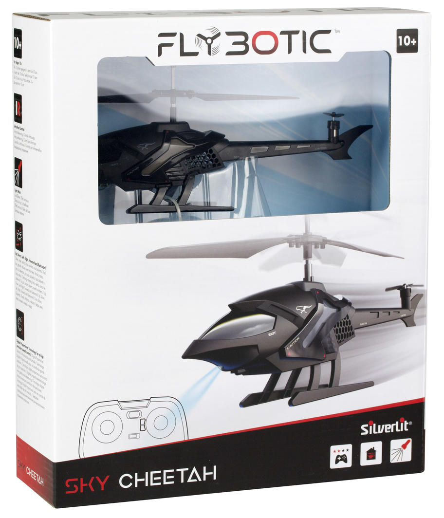 Compact Silverlit Flybotic Sky Cheetah indoor helicopter with infrared tech, perfect for kids aged 10+ and easy piloting.