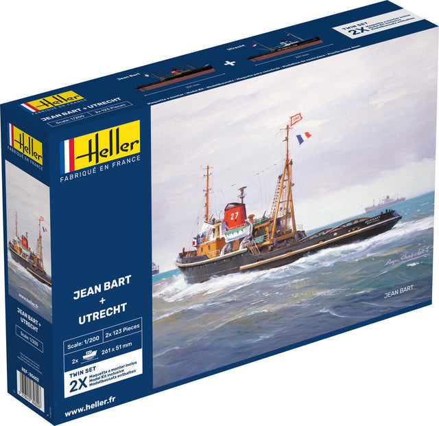 Detailed model kit of the Jean Bart tugboat, showcasing its maritime history and transformation to Utrecht and Kriti.