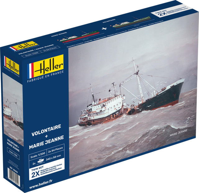 Detailed model kit of Heller's Volontaire and Marie Jeanne trawlers, showcasing mid-20th century maritime design.