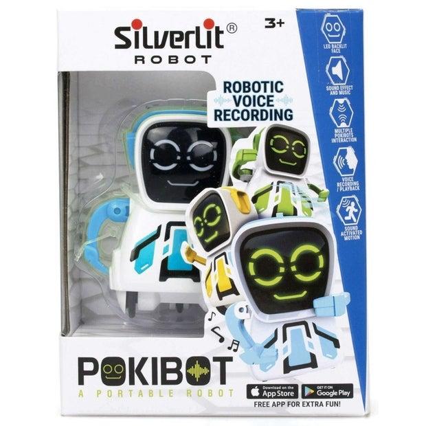 Interactive Silverlit Ycoo Pokibot Square robot for ages 3+, featuring voice playback and clap responses in assorted designs.