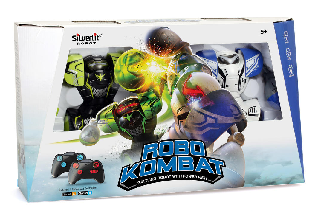 Two interactive battle robots with LED eyes and controllers, designed for thrilling combat experiences for kids.