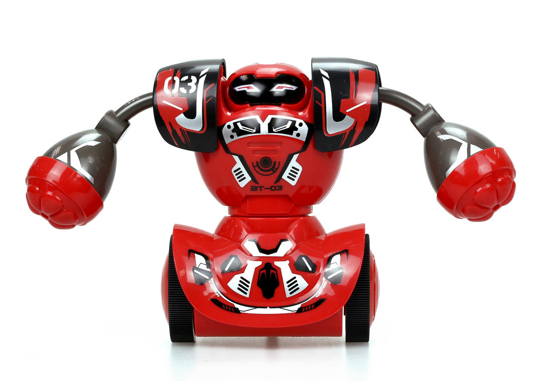 Battling robot toy with LED eyes and powerful design, includes one robot and controller for kids aged 5 and up.