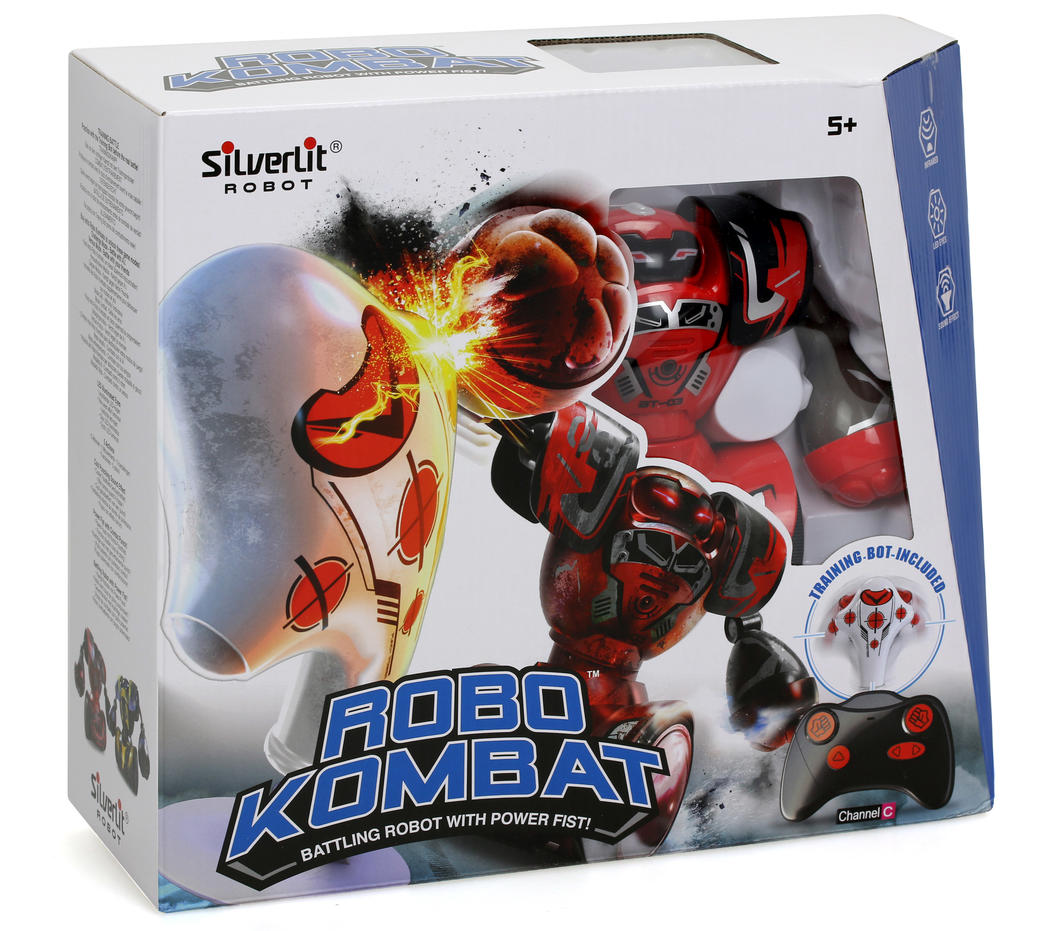 Silverlit Ycoo Robo Kombat robot toy with LED eyes, controller, and multiple gameplay modes for interactive battles.