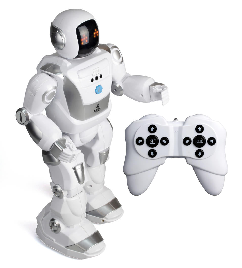 A vibrant 40cm programmable robot for kids, featuring LED expressions, remote control, motion control, and dance mode.