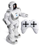 A vibrant 40cm programmable robot for kids, featuring LED expressions, remote control, motion control, and dance mode.