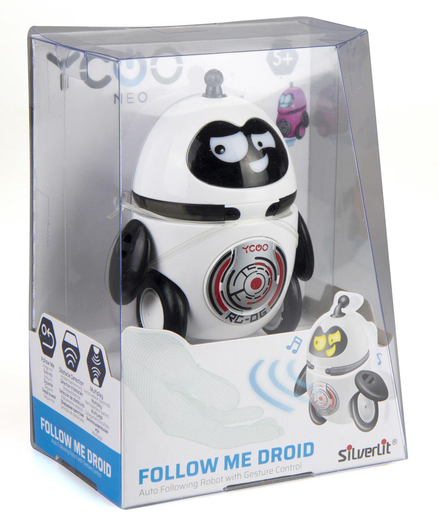 Fun robotic droid that follows gestures, avoids obstacles, and interacts with other droids for an engaging play experience.