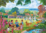 A 500-piece jigsaw puzzle depicting a charming English village cricket scene with picnicking families and playful dogs.