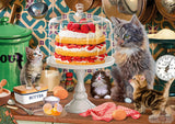 Colorful puzzle featuring mesmerized cats gazing at a delicious strawberry and cream cake, crafted from eco-friendly materials.