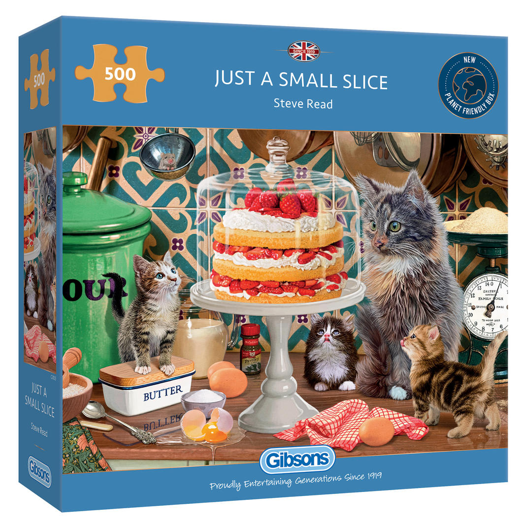 Colorful puzzle featuring curious cats admiring a strawberry Victoria Sponge cake, ideal for cat lovers and dessert fans.