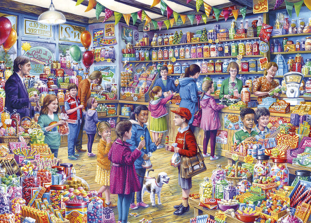 Gibsons XXL 500pc puzzle showcasing a nostalgic sweet shop scene, crafted from eco-friendly recycled cardboard.