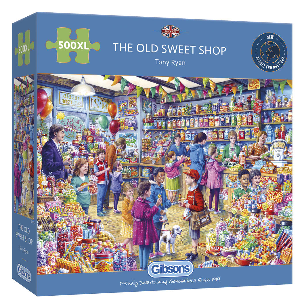 Vibrant 500-piece jigsaw puzzle featuring a nostalgic sweet shop, made with recycled materials for eco-friendly fun.