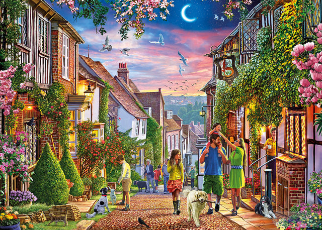 Colorful 500-piece XXL puzzle of a vibrant seaside scene by Steve Crisp, featuring durable, recycled materials.