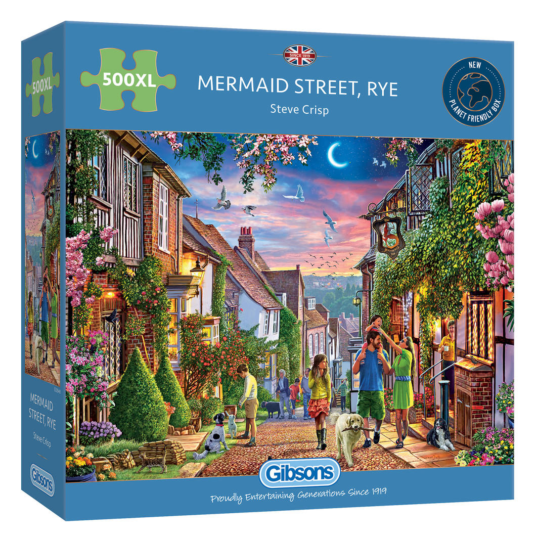 500-piece XXL jigsaw puzzle featuring vibrant seaside artwork by Steve Crisp, made from durable recycled materials.