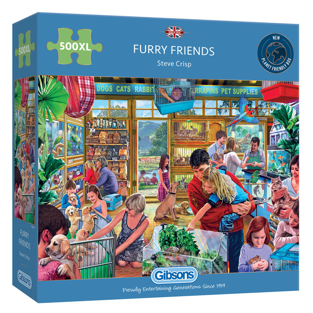 A colorful 500-piece jigsaw puzzle featuring charming animal artwork by Steve Crisp, perfect for family fun and relaxation.