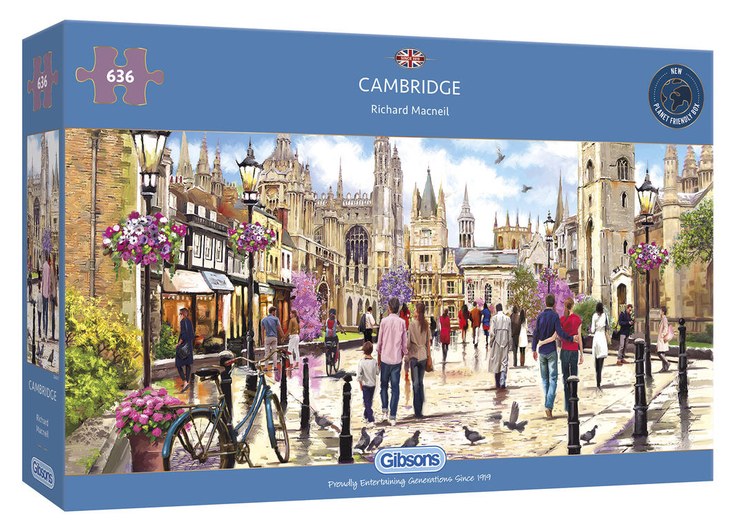 Gibsons Cambridge panoramic jigsaw puzzle with 636 eco-friendly pieces and stunning landscape illustration by Richard Macneil.