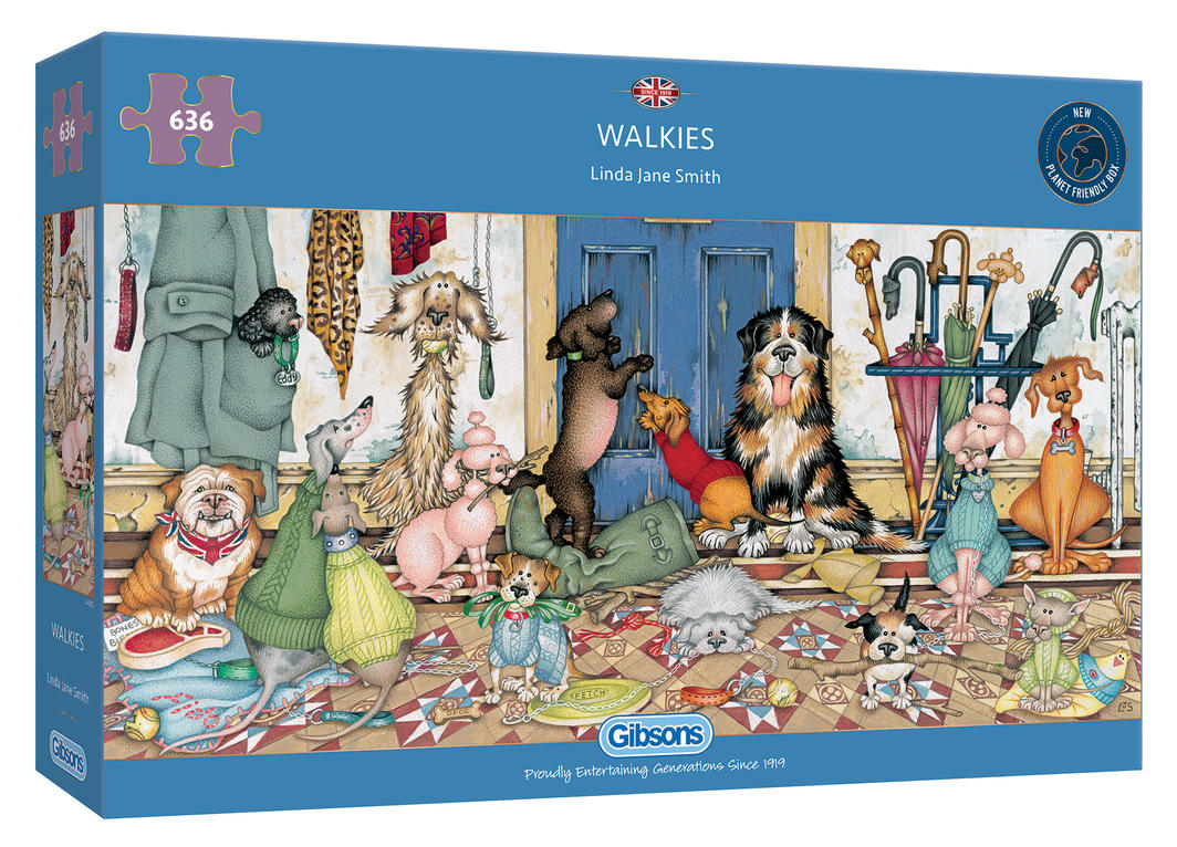 Panoramic 636-piece jigsaw puzzle featuring happy dogs, illustrated by Linda Jane Smith, eco-friendly and high-quality.