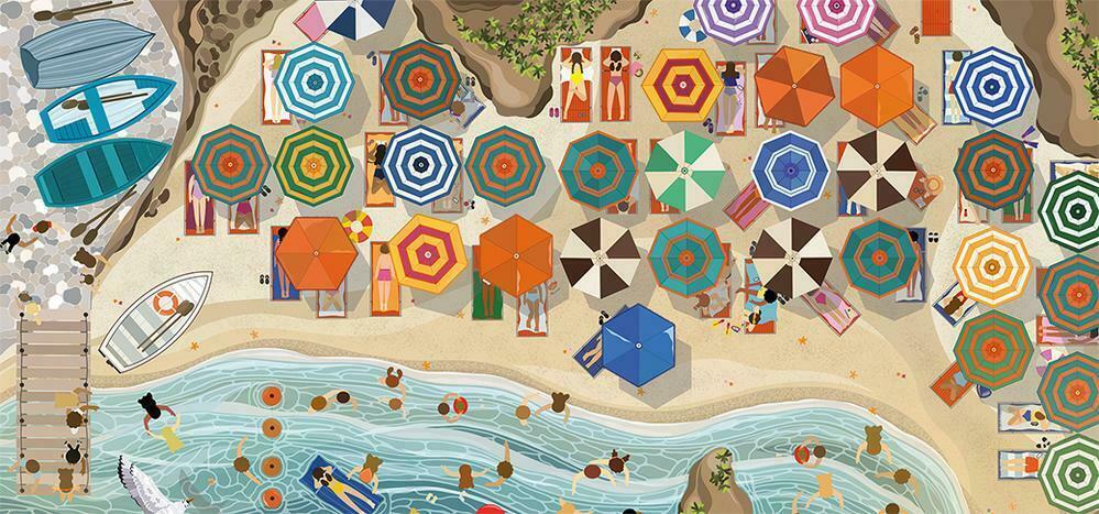 Panoramic jigsaw puzzle of the Italian Riviera featuring vibrant beach umbrellas and azure waters, illustrated by Bethany Lord.