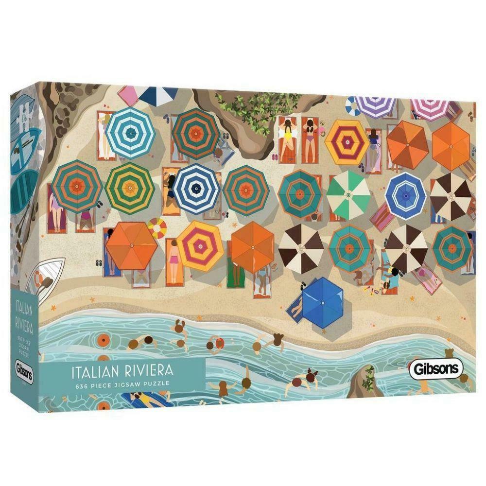 Vibrant 636-piece jigsaw puzzle of the Italian Riviera, beautifully illustrated by Bethany Lord for a relaxing puzzle experience.