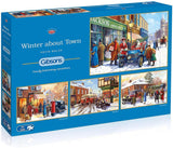 Festive 4-piece puzzle set by Gibsons featuring snowy town scenes by Kevin Walsh, perfect for winter family fun.