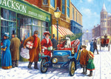 Four charming 500-piece jigsaw puzzles depicting a snowy town's festive scenes by Kevin Walsh, ideal for family fun.