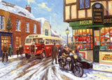 Four enchanting 500-piece jigsaw puzzles depicting a snowy town's festive holiday scenes by Kevin Walsh.