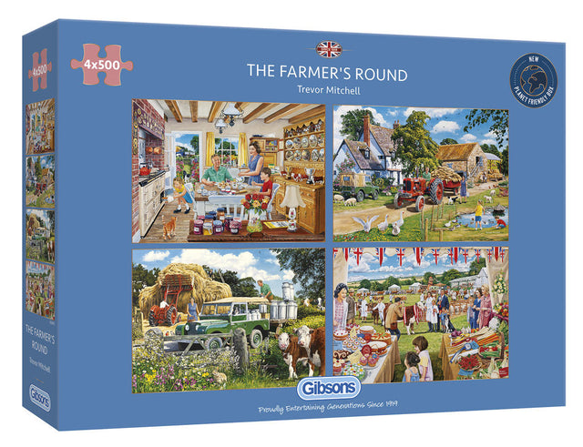 Gibsons jigsaw puzzle set featuring Trevor Mitchell's vibrant rural scenes, made from recycled board, 4x500 pieces.