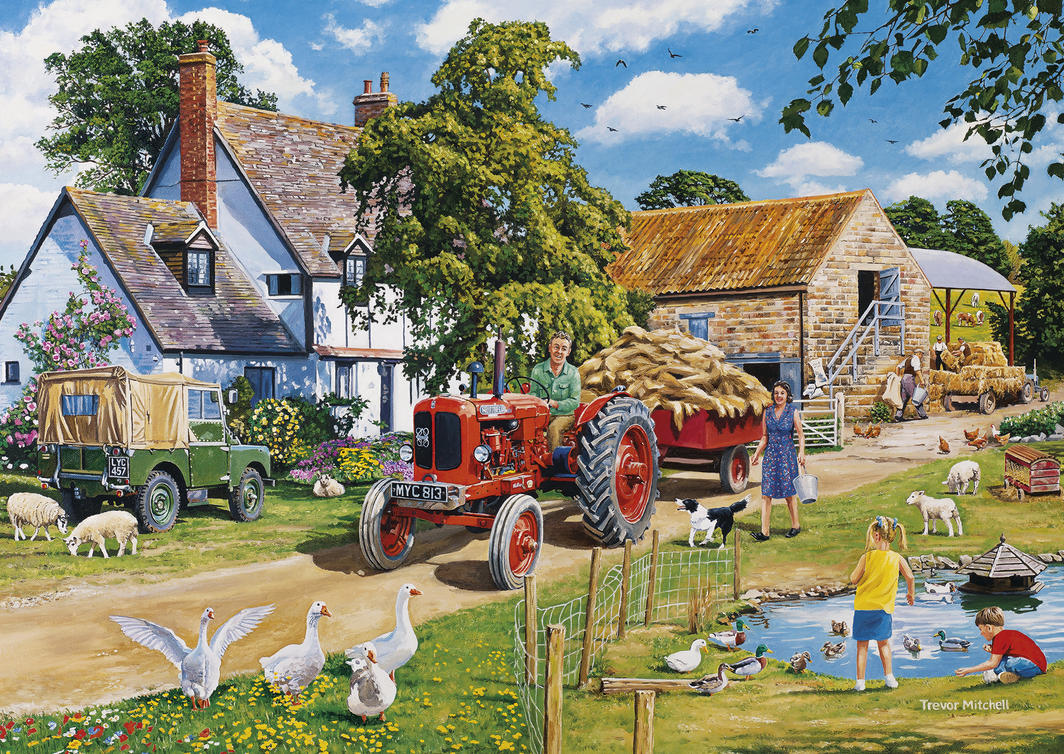 A colorful 4x500-piece jigsaw puzzle depicting charming farming scenes, designed by Trevor Mitchell, and made from recycled materials.