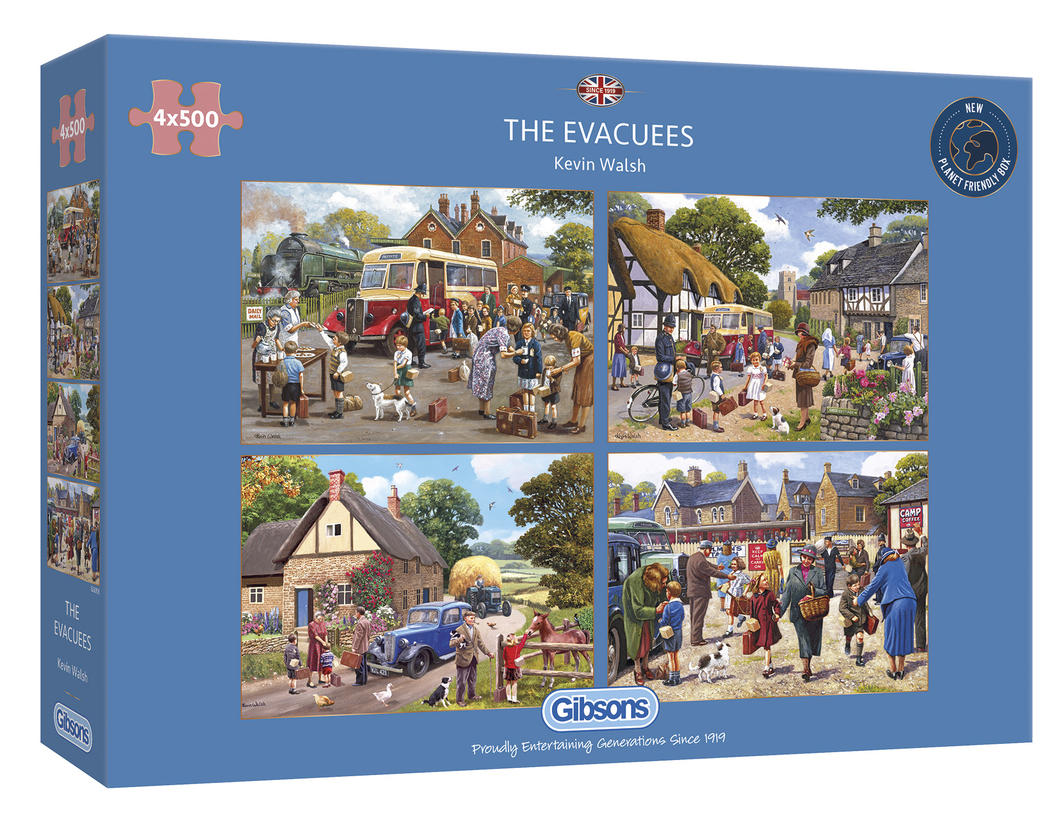 Four captivating 500-piece puzzles depicting children's WWII journeys, featuring vibrant artwork and eco-friendly materials.