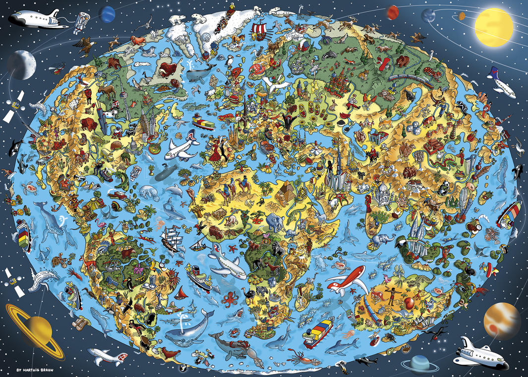 Colorful 1000-piece jigsaw puzzle of Earth’s landmarks and wildlife, crafted from recycled materials for family fun.