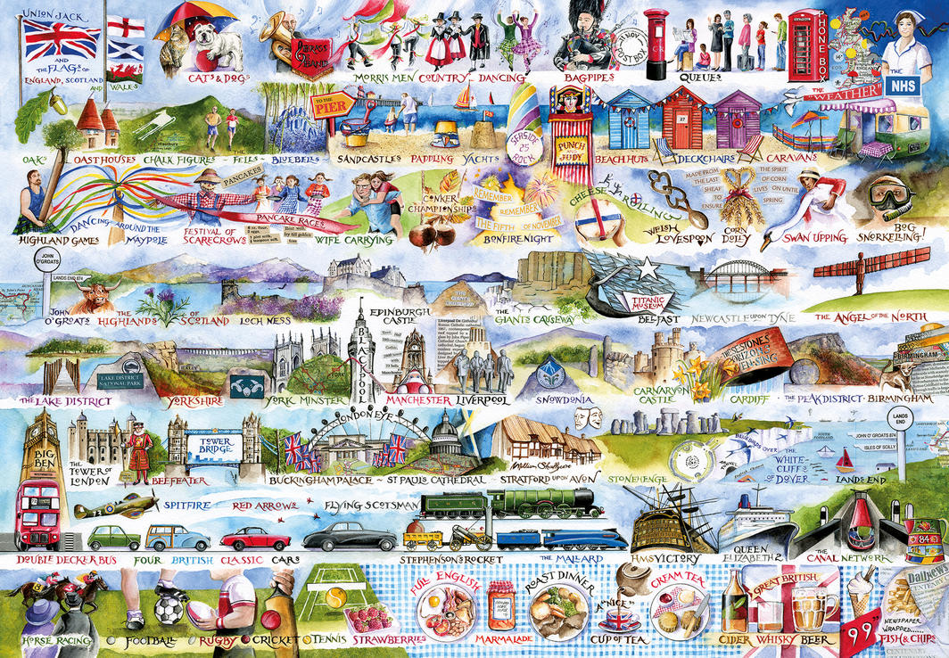 Gibsons Cream Teas & Queuing 2000-piece puzzle featuring charming artwork by Val Goldfinch, made from 100% recycled board.