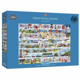 Gibsons Cream Teas & Queuing 2000-piece puzzle featuring vibrant, nostalgic artwork of British tea times, perfect for family fun.