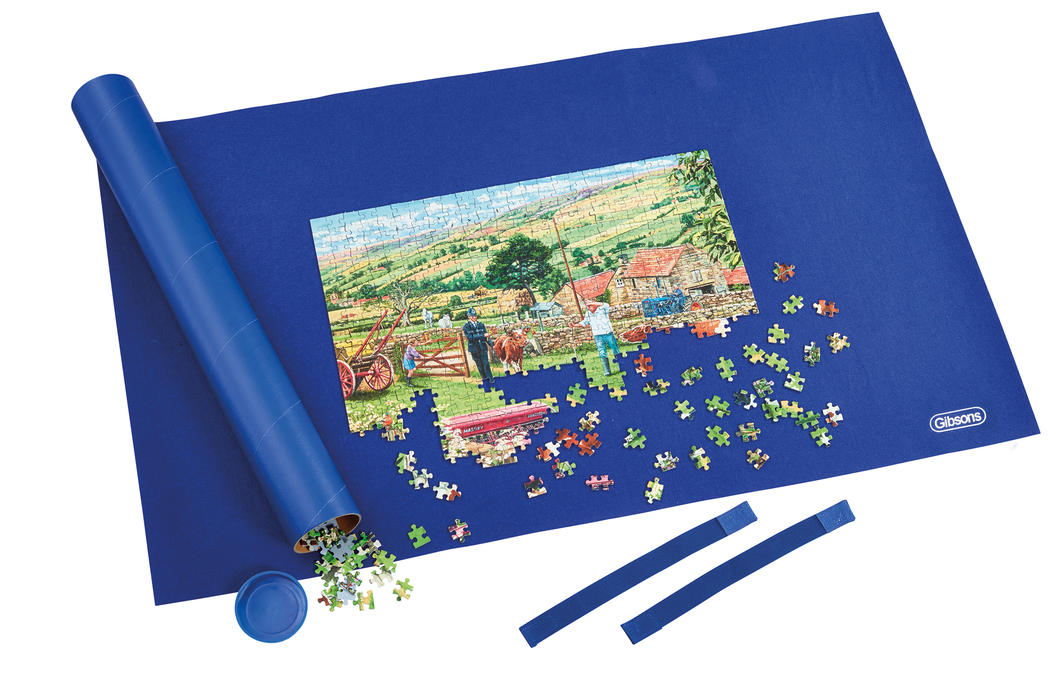 Gibsons Puzzle Roll: a portable mat for jigsaws up to 1000 pieces, featuring a cardboard drum and secure bands for safe transport.